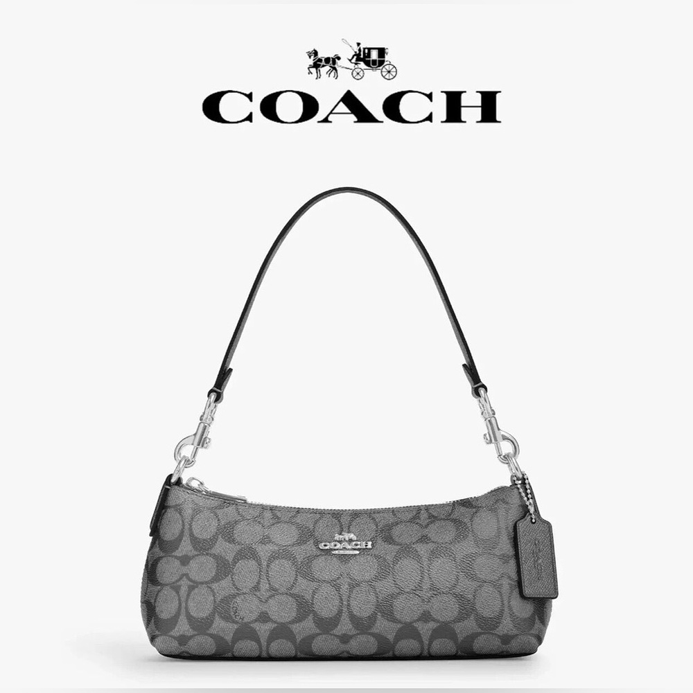 Coach Charlotte Shoulder Bag Signature Canvas Leather Silver/Gunmetal. CX580